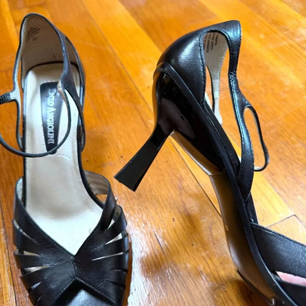 Vintage 90s Black Leather Strappy Cage Heels Open Toe Ankle Strap Sz 6